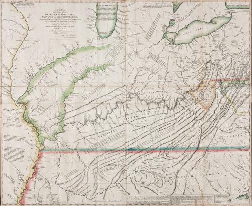 A/ NEW MAP/ of the Western Parts of/ VIRGINIA, PENNSYLVANIA,/ MARYLAND and NORTH CAROLINA;/ Comprehending the RIVER OHIO, and all the Rivers, which fall into it;/ Part of the RIVER MISSISSIPPI, the Whole of the/ ILLINOIS RIVER,/ LAKE ERIE...
